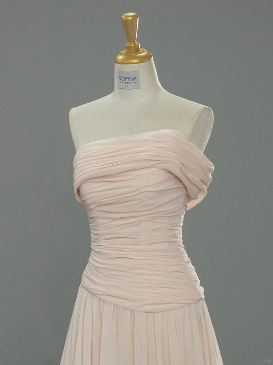 Chic A-Line Blush Pink Long Prom Dress Tulle Strapless Evening Dress Sleeveless Birthday Dress ED06481