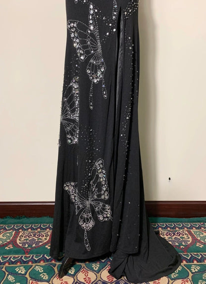 Chic Two-Piece Black Long Prom Dress Chiffon Beaded Sheath Evening Dress  Sleeveless Formal Dress ED06488