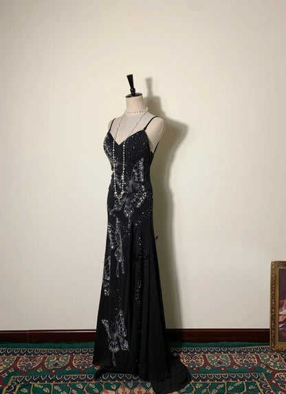 Chic Two-Piece Black Long Prom Dress Chiffon Beaded Sheath Evening Dress  Sleeveless Formal Dress ED06488
