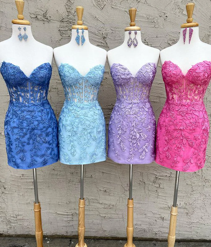 Blue Sweetheart Neck Lace Short Prom Dress, Blue Homecoming Dress ED0648