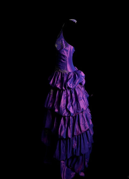 Chic Purple Long Prom Dress Satin Applique A-Line Birthday Dress Halter Sleeveless Formal Dress ED06490