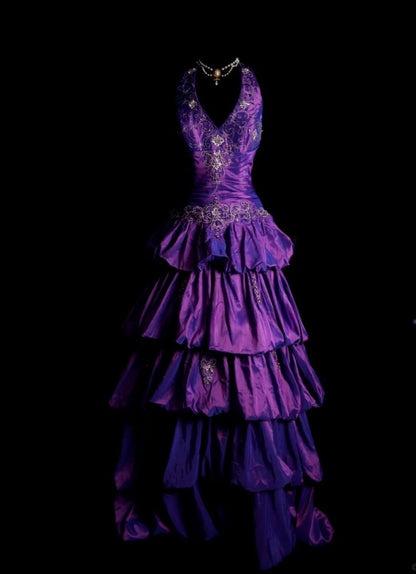 Chic Purple Long Prom Dress Satin Applique A-Line Birthday Dress Halter Sleeveless Formal Dress ED06490