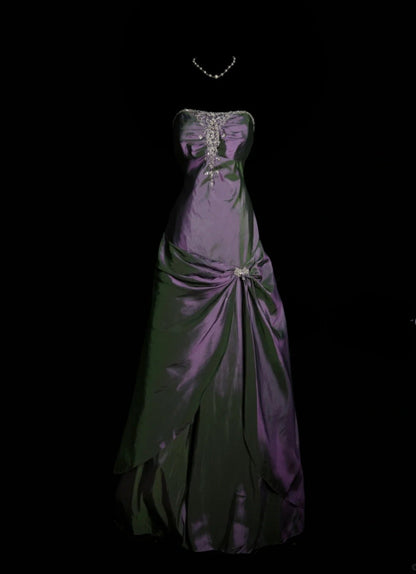 Chic Purple Long Prom Dress Satin Applique A-Line Birthday Dress Strapless Sleeveless Formal Dress ED06491
