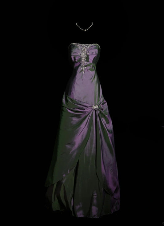 Chic Purple Long Prom Dress Satin Applique A-Line Birthday Dress Strapless Sleeveless Formal Dress ED06491