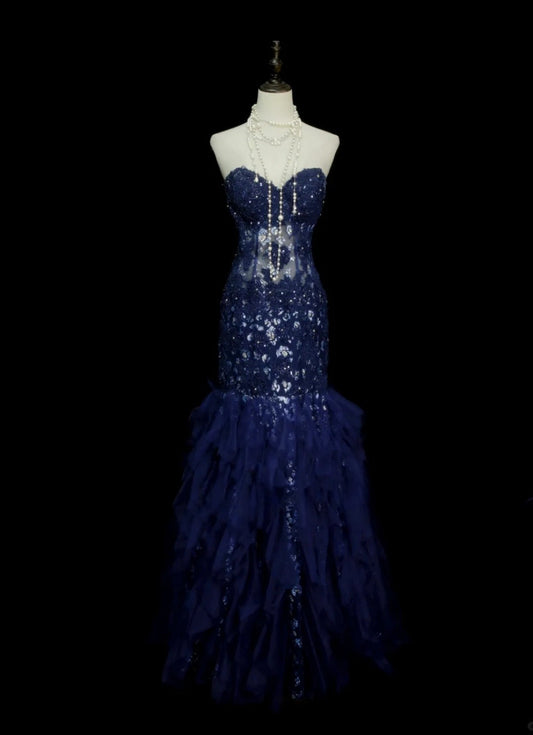 Chic Navy Blue Long Prom Dress Tulle Applique Mermaid Birthday Dress Sweetheart Sleeveless Formal Dress ED06492