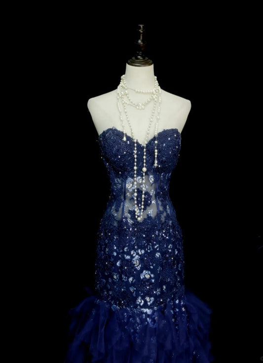 Chic Navy Blue Long Prom Dress Tulle Applique Mermaid Birthday Dress Sweetheart Sleeveless Formal Dress ED06492