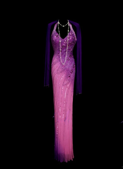 Chic Gradient Purple Long Prom Dress Beaded Chiffon Sheath Evening Dress V-neck Sleeveless Formal Dress ED06493