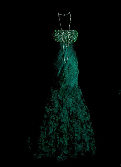 Cute Green Long Prom Dress Satin Beaded Mermaid Evening Dress Strapless Formal Dress ED06495