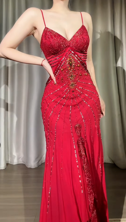 Elegant Burgundy Long Prom Dress Chiffon Beaded Sheath Evening Dress Spaghetti Straps Formal Dress ED06499