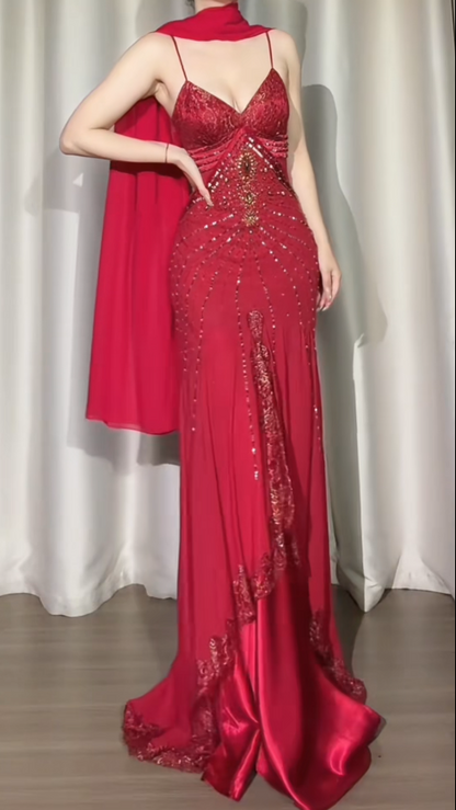 Elegant Burgundy Long Prom Dress Chiffon Beaded Sheath Evening Dress Spaghetti Straps Formal Dress ED06499