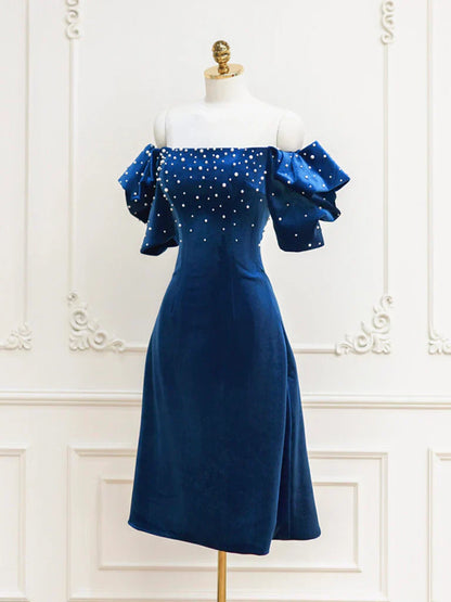 Velvet off-the-shoulder Beads Short Prom Dress, Black Evening Dress HZ1024