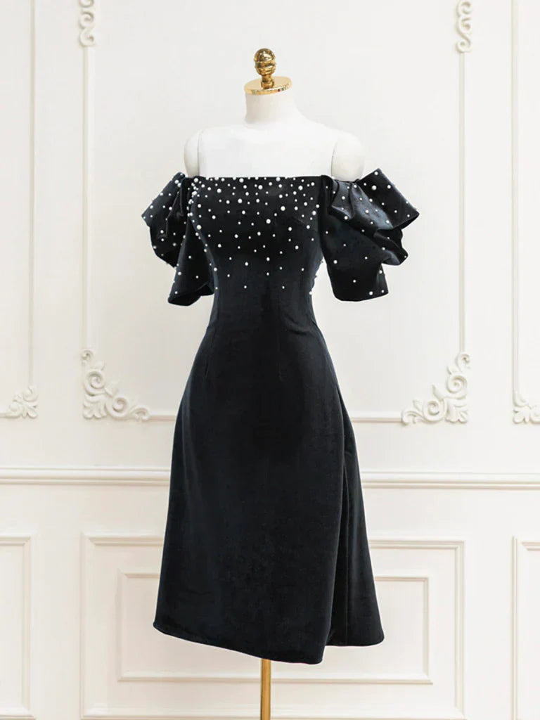 Velvet off-the-shoulder Beads Short Prom Dress, Black Evening Dress HZ1024