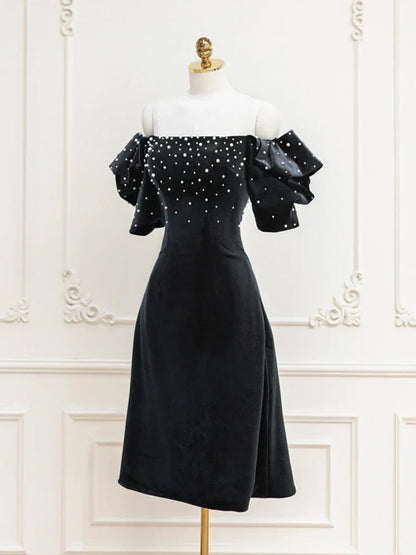 Velvet off-the-shoulder Beads Short Prom Dress, Black Evening Dress HZ1024