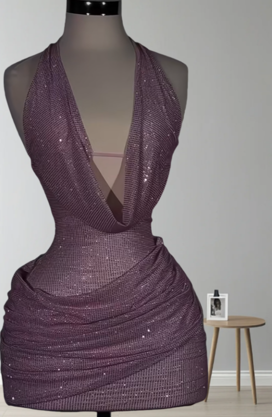 Sexy Purple Short Prom Dress Tulle Bodycon Birthday Dress V-neck Homecoming Dress Sleeveless Party Dress ED06500