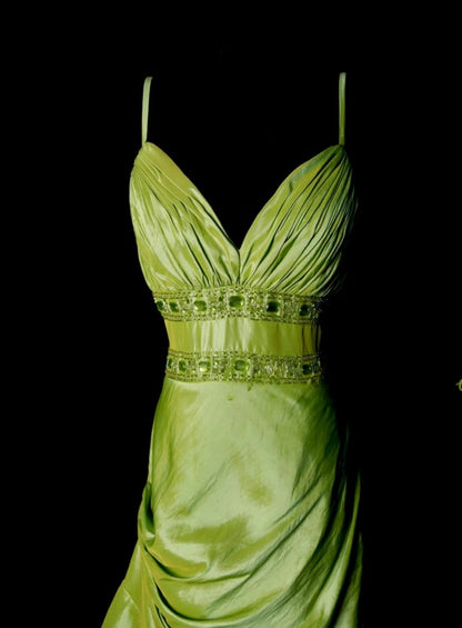 Chic Green Long Prom Dress Satin Birthday Dress A-Line Spaghetti Straps Evening Dress Sleeveless Party Dress ED06504