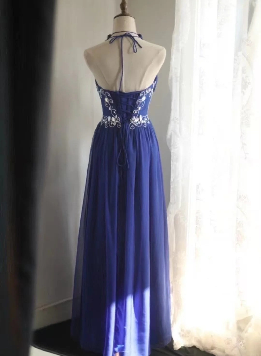 Vintage Blue Long Prom DressBeaded Chiffon A-Line Evening Dress Halter Sleeveless Party Dress ED06505