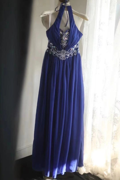 Vintage Blue Long Prom DressBeaded Chiffon A-Line Evening Dress Halter Sleeveless Party Dress ED06505