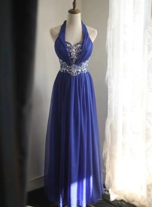 Vintage Blue Long Prom DressBeaded Chiffon A-Line Evening Dress Halter Sleeveless Party Dress ED06505
