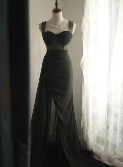 Vintage Green Long Prom Dress Chiffon Sheath Slit Evening Dress Straps Sleeveless Party Dress ED06506