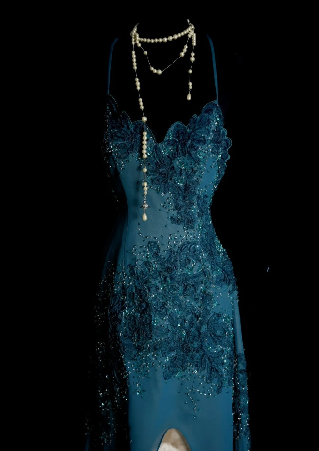 Gorgeous Teal Long Prom Dress Chiffon Applique Sheath Evening Dress Spaghetti Straps Birthday Dress ED06508