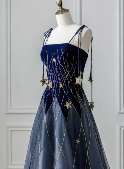 Cute Navy Blue Long Prom Dress Velvet Spaghetti Straps A-Line Evening Gowns Sleeveless Birthday  Dress ED06512