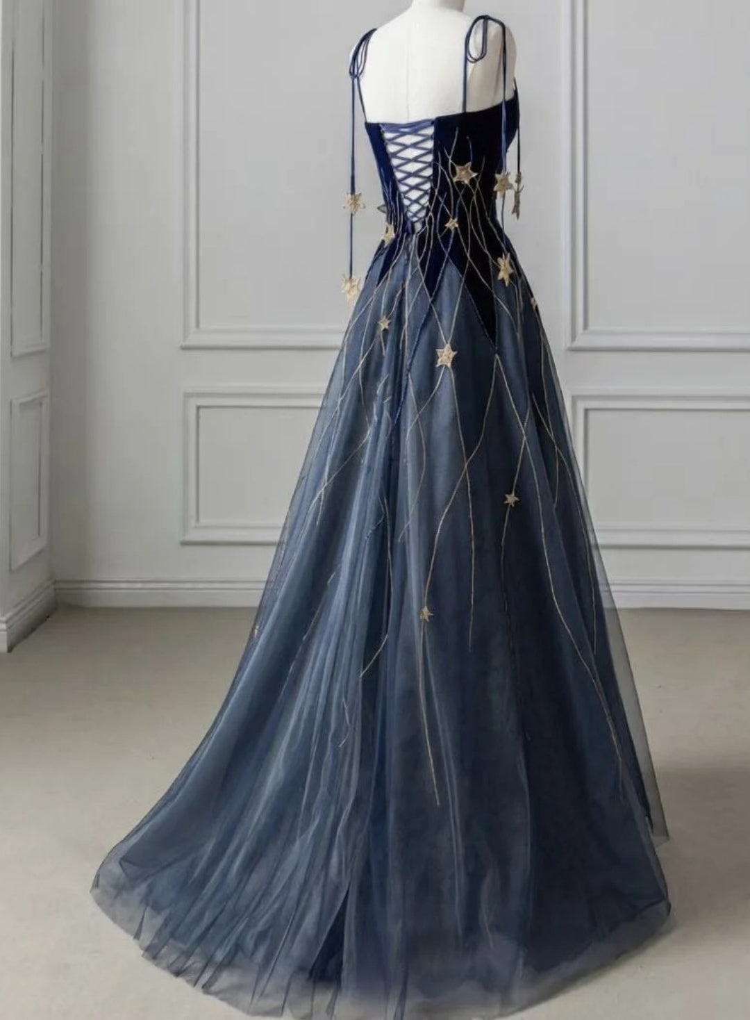 Cute Navy Blue Long Prom Dress Velvet Spaghetti Straps A-Line Evening Gowns Sleeveless Birthday  Dress ED06512