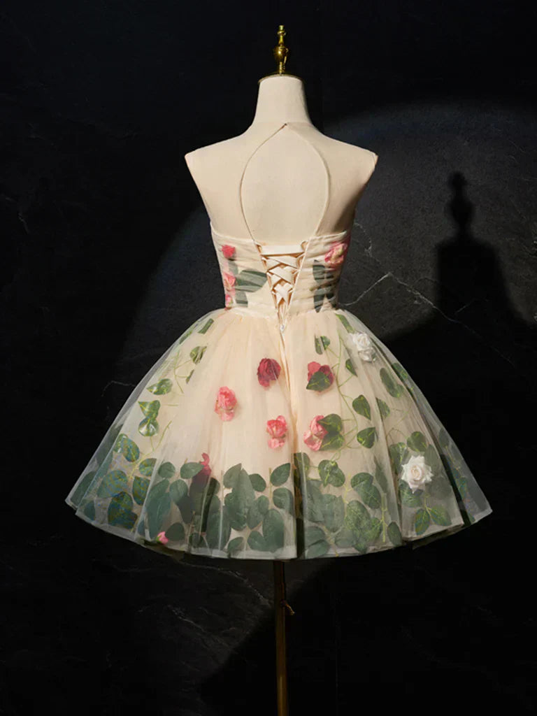 3D Flower Tulle Short Prom Dress, Cute Champagne Homecoming Dress HZ1024