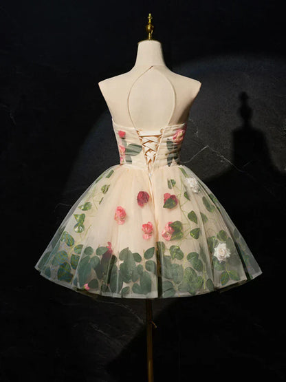 3D Flower Tulle Short Prom Dress, Cute Champagne Homecoming Dress HZ1024