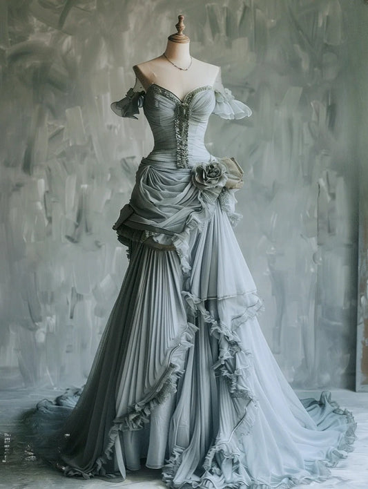 Chic Gray Long Prom Dress Tulle Sheath Evening Gowns Off-shoulder Birthday Dress ED06521