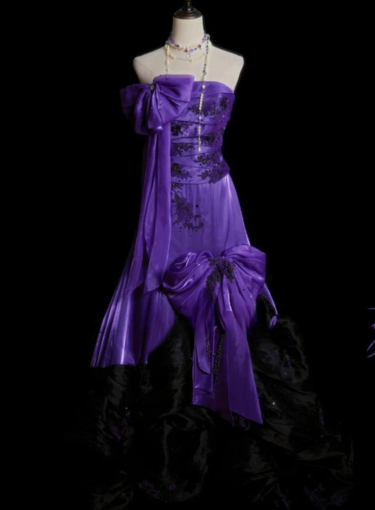 Chic Purple Long Prom Dress Satin A-Line Evening Gowns Strapless Birthday Dress ED06522