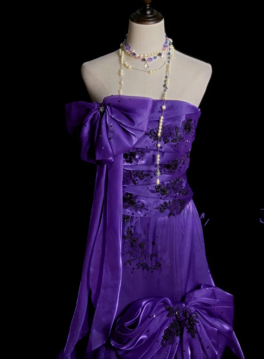Chic Purple Long Prom Dress Satin A-Line Evening Gowns Strapless Birthday Dress ED06522