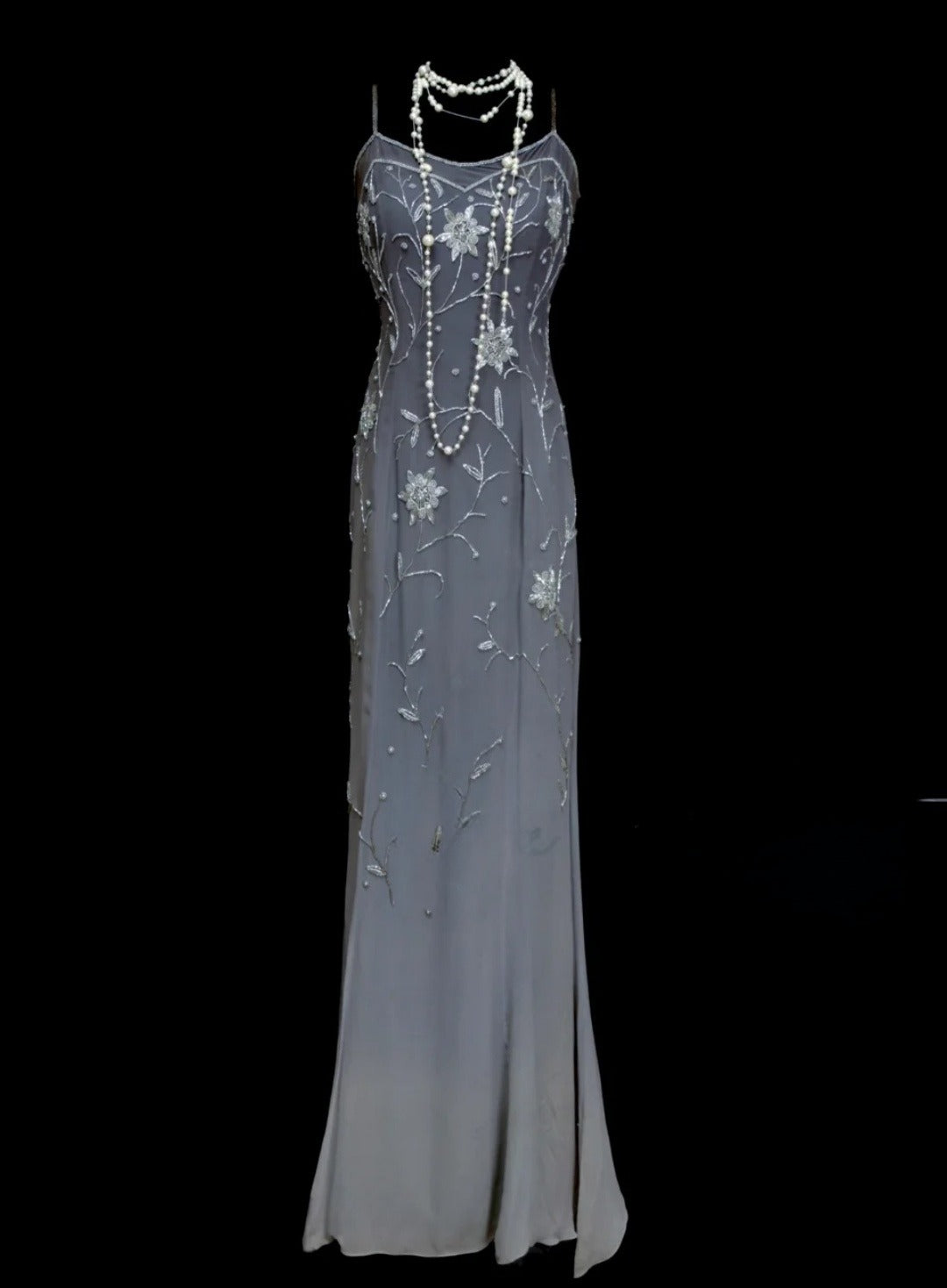Chic Gradient Gray Long Prom Dress Beaded Chiffon Sheath Evening Gowns Spaghetti Straps Sleeveless Birthday Dress ED06524