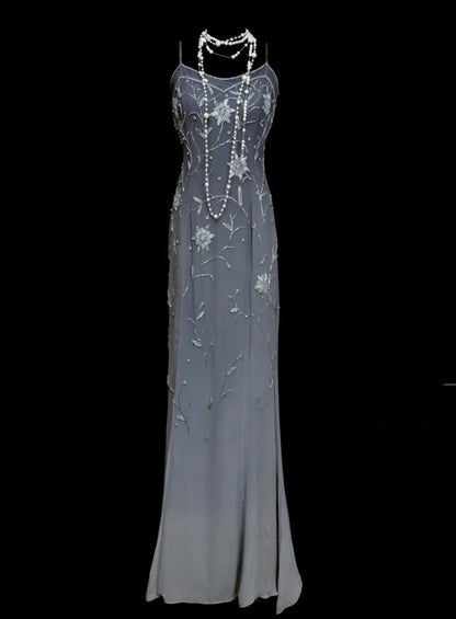 Chic Gradient Gray Long Prom Dress Beaded Chiffon Sheath Evening Gowns Spaghetti Straps Sleeveless Birthday Dress ED06524