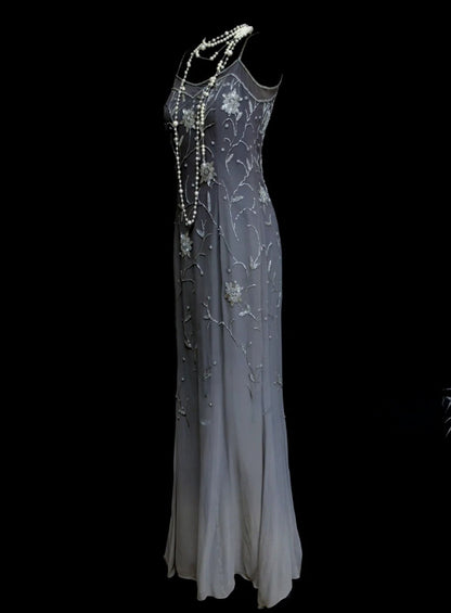 Chic Gradient Gray Long Prom Dress Beaded Chiffon Sheath Evening Gowns Spaghetti Straps Sleeveless Birthday Dress ED06524