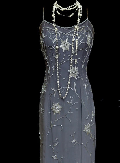 Chic Gradient Gray Long Prom Dress Beaded Chiffon Sheath Evening Gowns Spaghetti Straps Sleeveless Birthday Dress ED06524