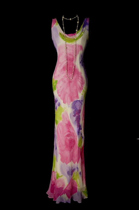 Elegant Floral Long Prom Dresses Scoop Sheath Evening Dress Chiffon Sleeveless Formal Dress ED06527