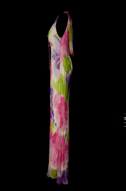 Elegant Floral Long Prom Dresses Scoop Sheath Evening Dress Chiffon Sleeveless Formal Dress ED06527