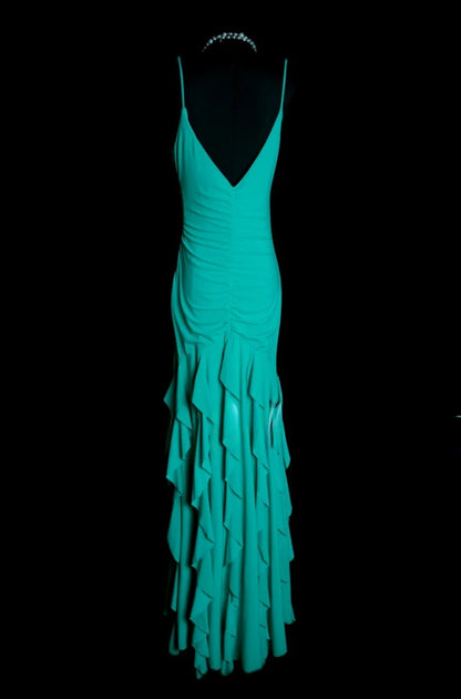 Elegant Turquoise Long Prom Dresses Spaghetti Straps Sheath Evening Dress Chiffon Sleeveless Formal Dress ED06528