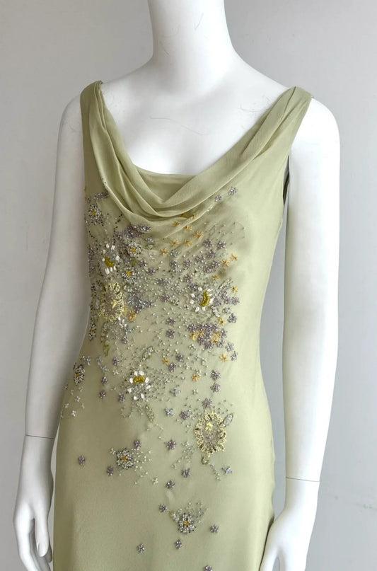 Chic Green Prom Dresses V-neck Sheath Evening Dress Beaded Chiffon Sleeveless Wedding Guest Outfit  ED06533