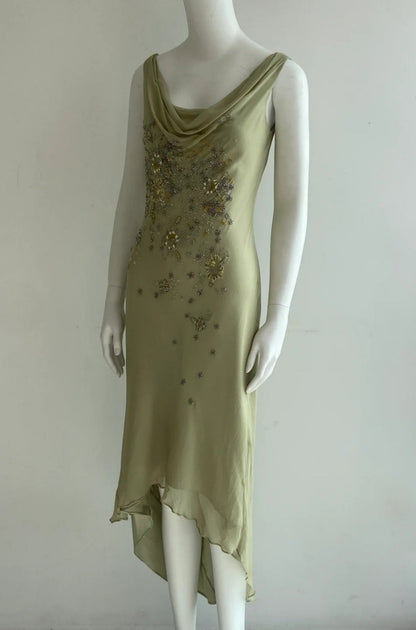 Chic Green Prom Dresses V-neck Sheath Evening Dress Beaded Chiffon Sleeveless Wedding Guest Outfit  ED06533
