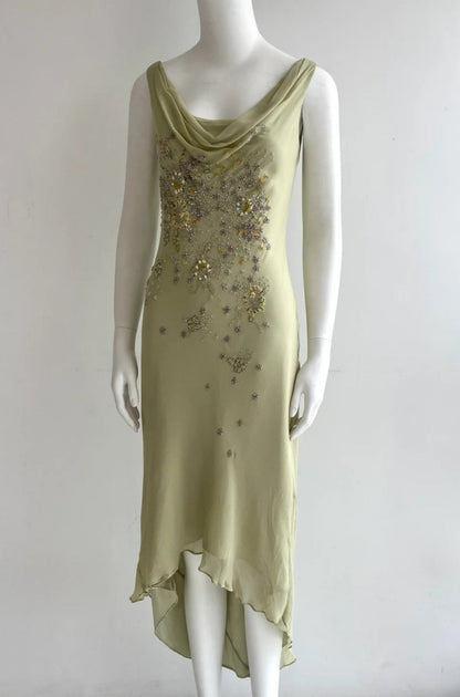 Chic Green Prom Dresses V-neck Sheath Evening Dress Beaded Chiffon Sleeveless Wedding Guest Outfit  ED06533