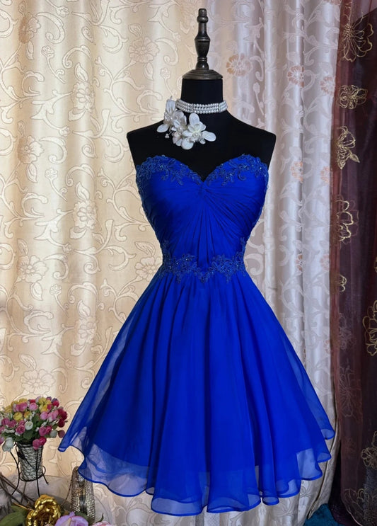 Vintage Royal Blue Short Prom Dresses Sweetheart A-Line Birthday Outfit Applique Chiffon Party Dress Sleeveless Homecoming Dress ED06536