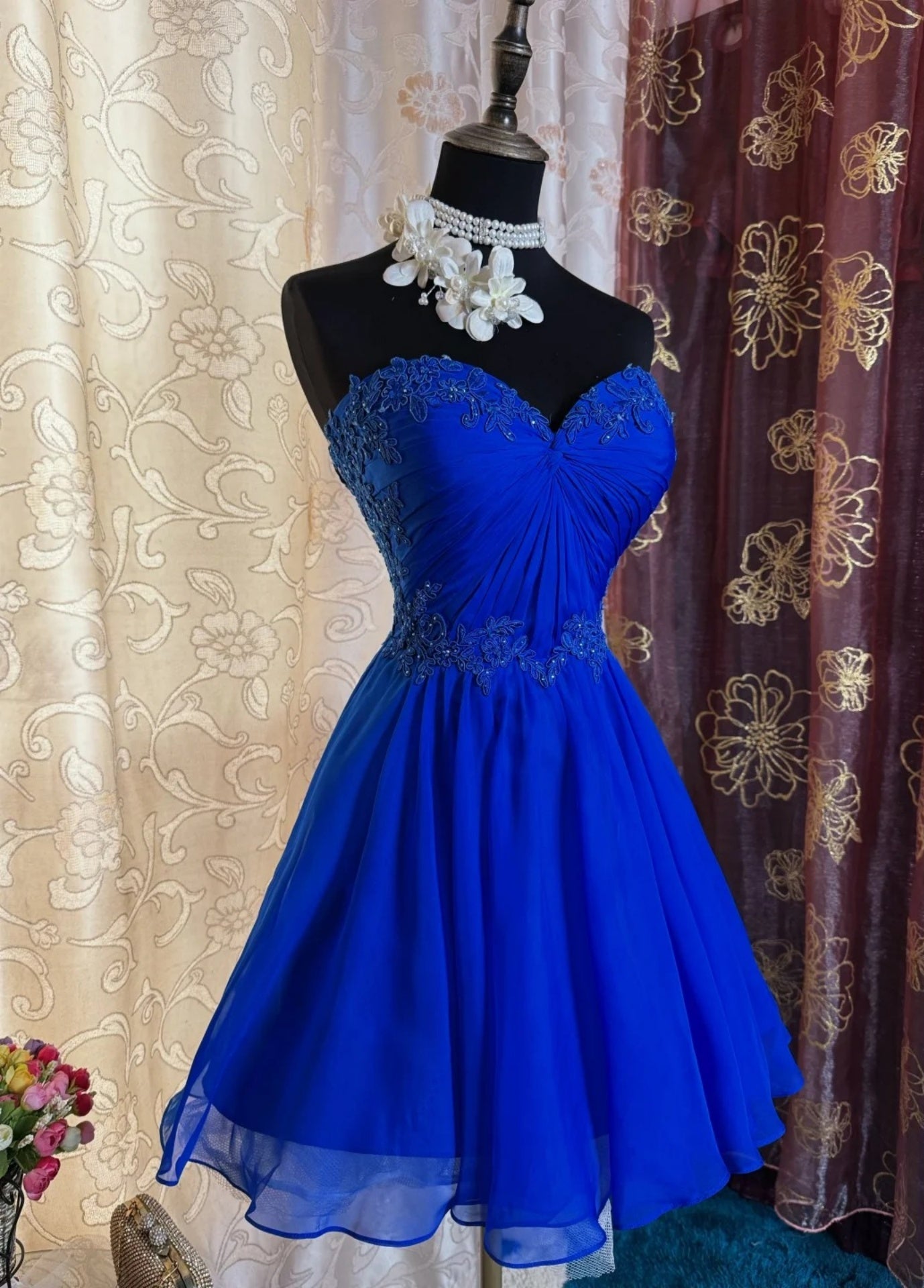 Vintage Royal Blue Short Prom Dresses Sweetheart A-Line Birthday Outfit Applique Chiffon Party Dress Sleeveless Homecoming Dress ED06536