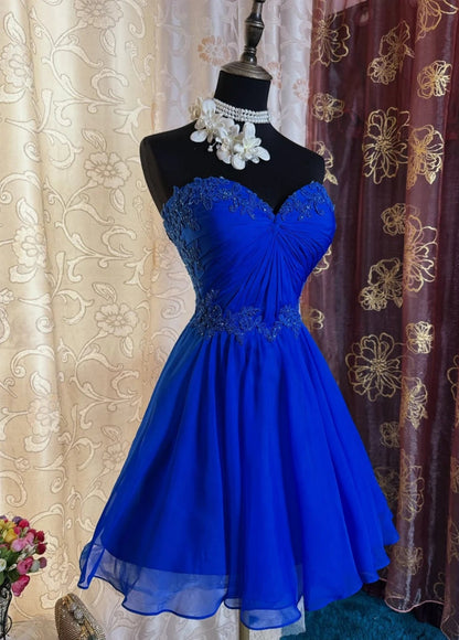 Vintage Royal Blue Short Prom Dresses Sweetheart A-Line Birthday Outfit Applique Chiffon Party Dress Sleeveless Homecoming Dress ED06536