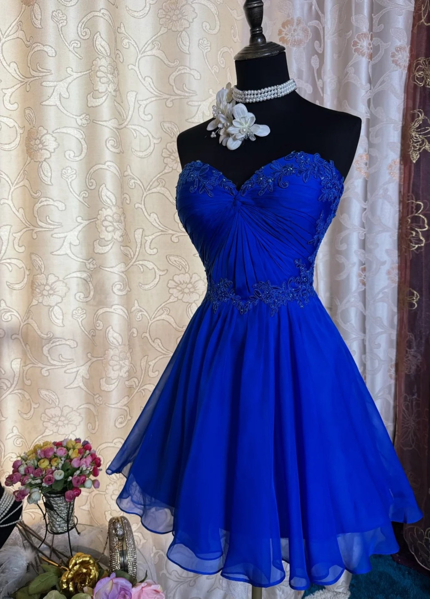Vintage Royal Blue Short Prom Dresses Sweetheart A-Line Birthday Outfit Applique Chiffon Party Dress Sleeveless Homecoming Dress ED06536