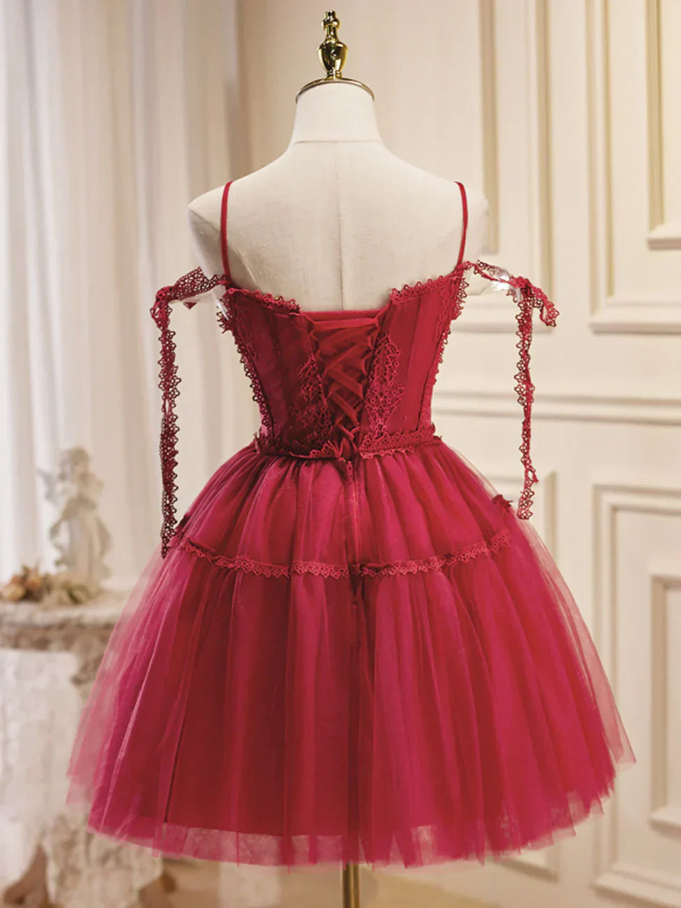 Burgundy Tulle Lace Short Prom Dresses, Burgundy Homecoming Dresses HZ1024