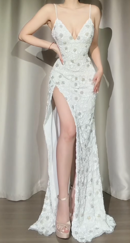 Elegant White Long Prom Dresses Spaghetti Straps Sheath Slit Evening Dress Beaded Chiffon Formal Dress ED06541