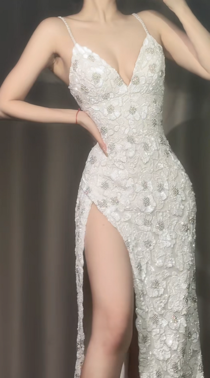 Elegant White Long Prom Dresses Spaghetti Straps Sheath Slit Evening Dress Beaded Chiffon Formal Dress ED06541