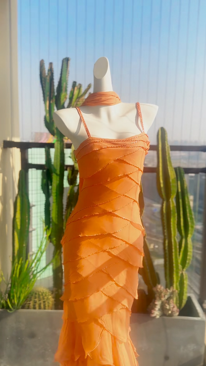 Fairy Orange Short Prom Dresses Spaghetti Straps Sheath Evening Dress Beaded Chiffon Formal Dress ED06542
