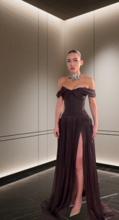 Fashion Brown Long Prom Dresses Off-shoulder Sheath Evening Dress Satin Formal Dress ED06544